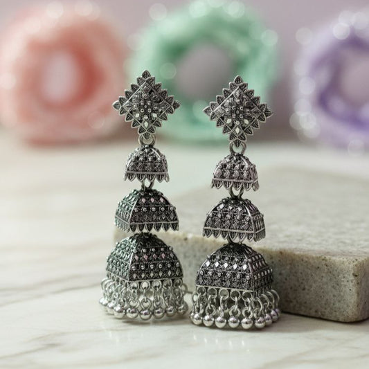 Ameera - Three Tier Oxidized Silver Jhumka