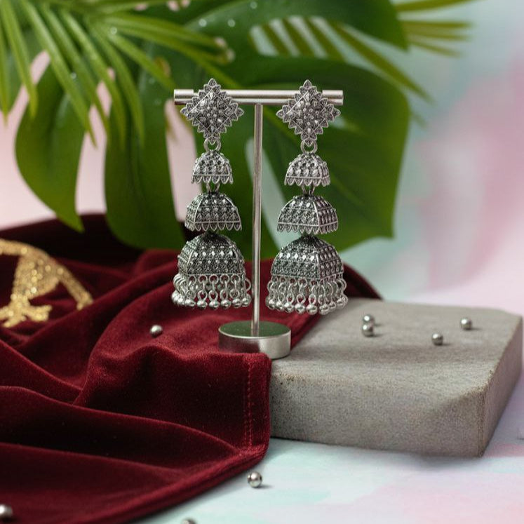 Ameera - Three Tier Oxidized Silver Jhumka